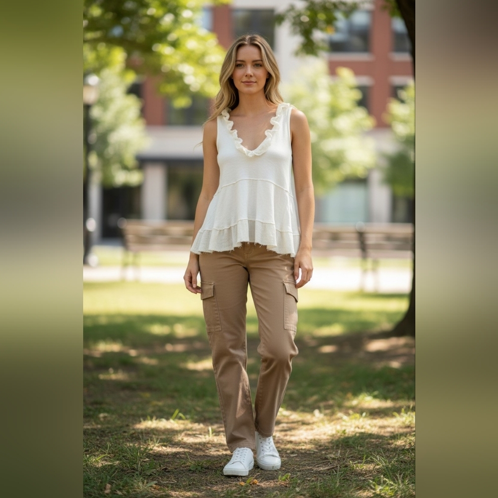 Womens Outfit Set Cargo Pants XL + Black Tape Boho Top XS Neutral